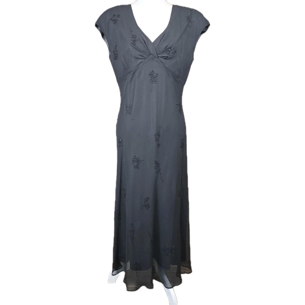 Jones New York Babydoll Dress Womens 12 Black Chiffon‎ Sheer Beaded Evening VTG